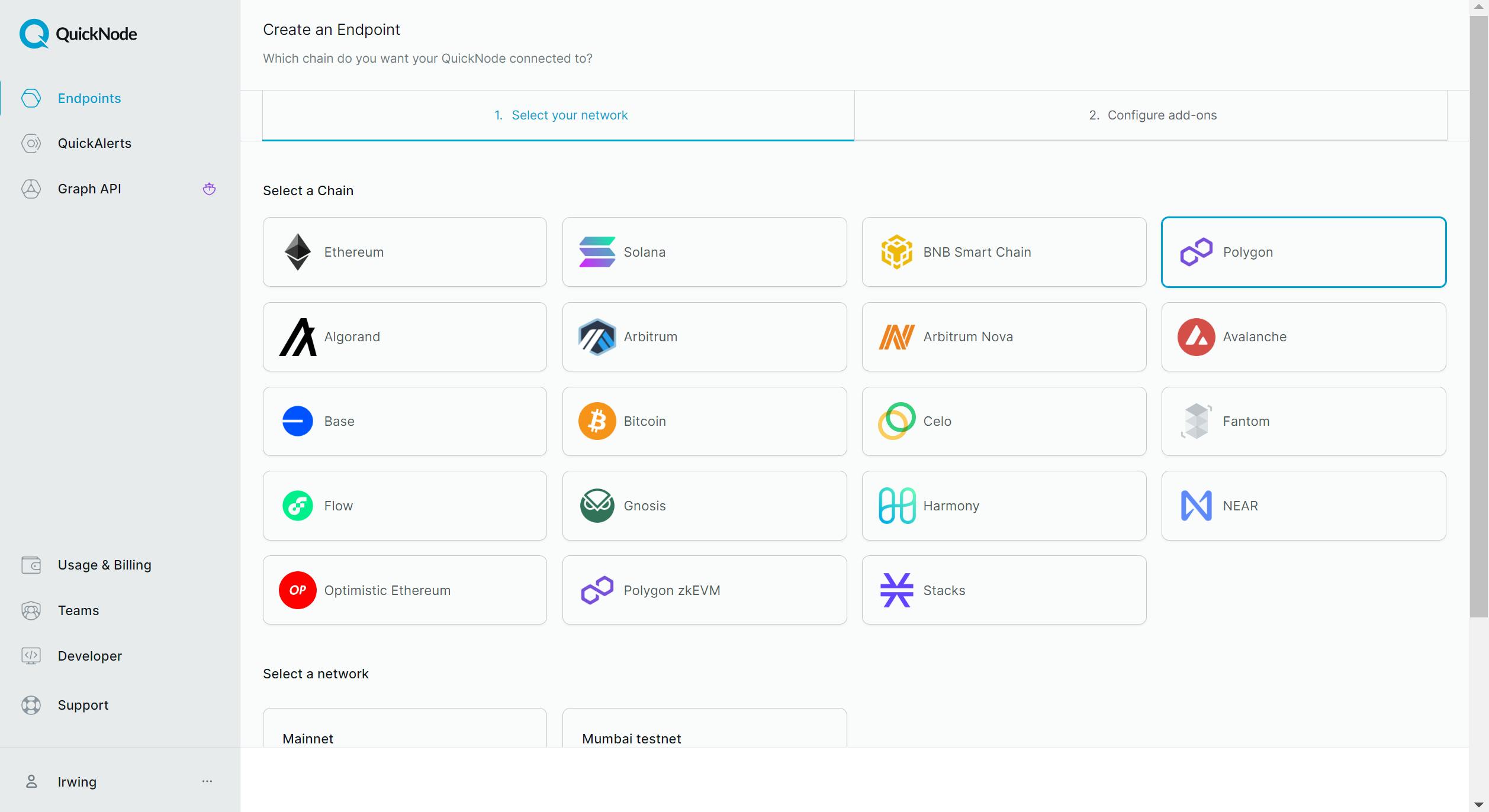 Dashboard para crear un endpoint en QuickNode