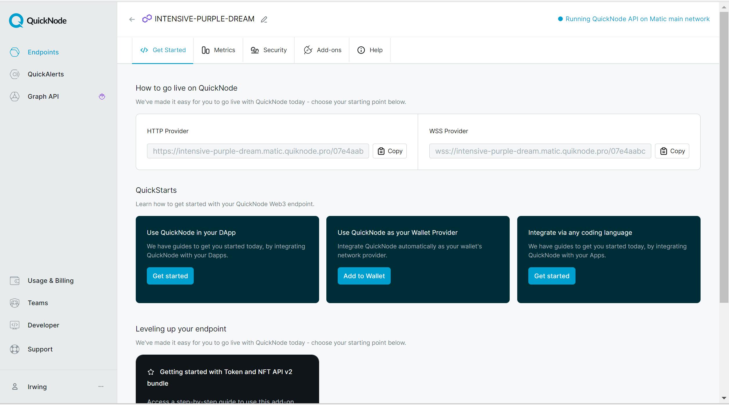 Dashboard para copiar endpoint de QuickNode