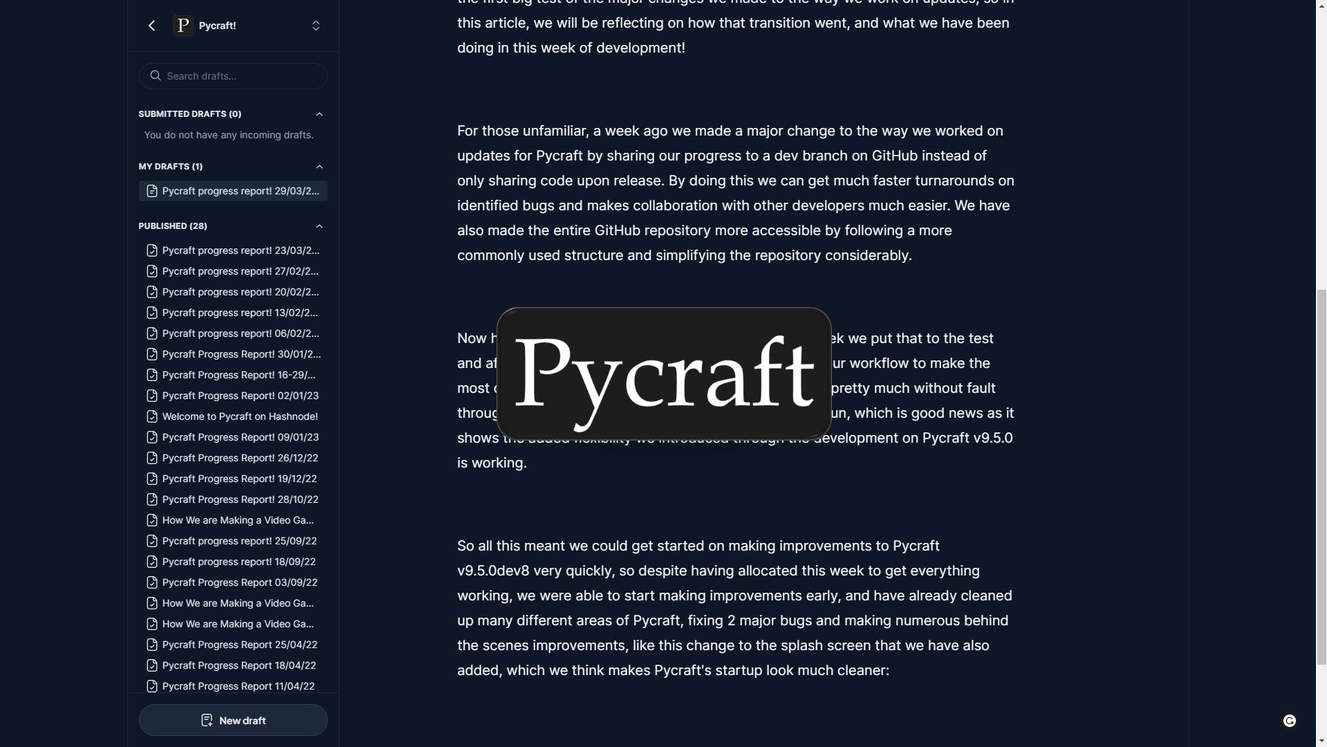 Pycraft's new splash screen