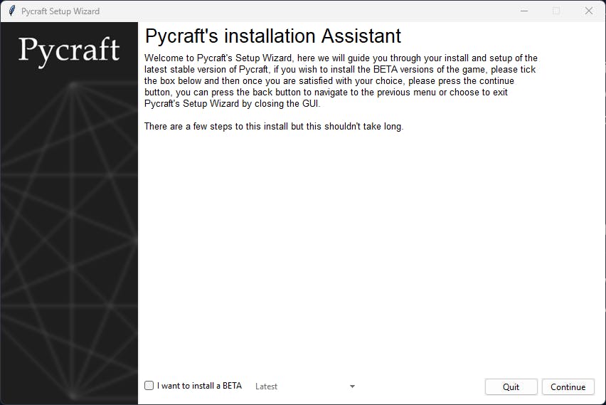 Pycraft's initial install screen