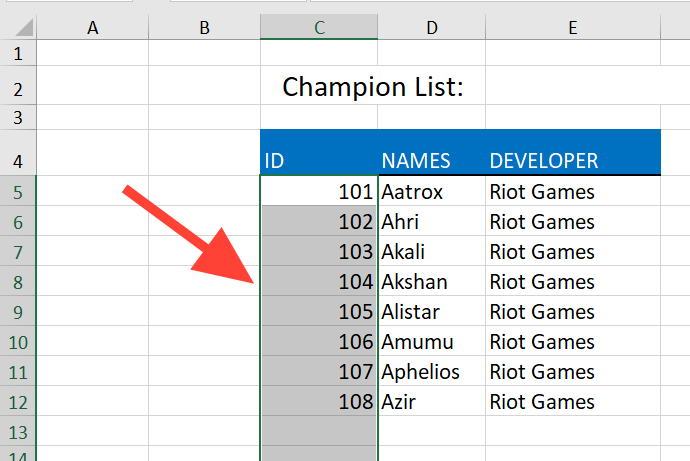 Champion List-ID Column-Cells selected for Validation