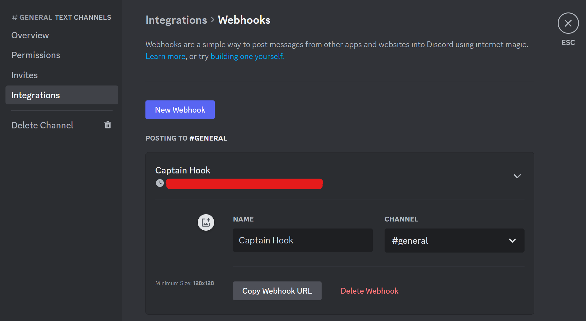 The webhook is created, and automatically labeled as "Captain Hook".