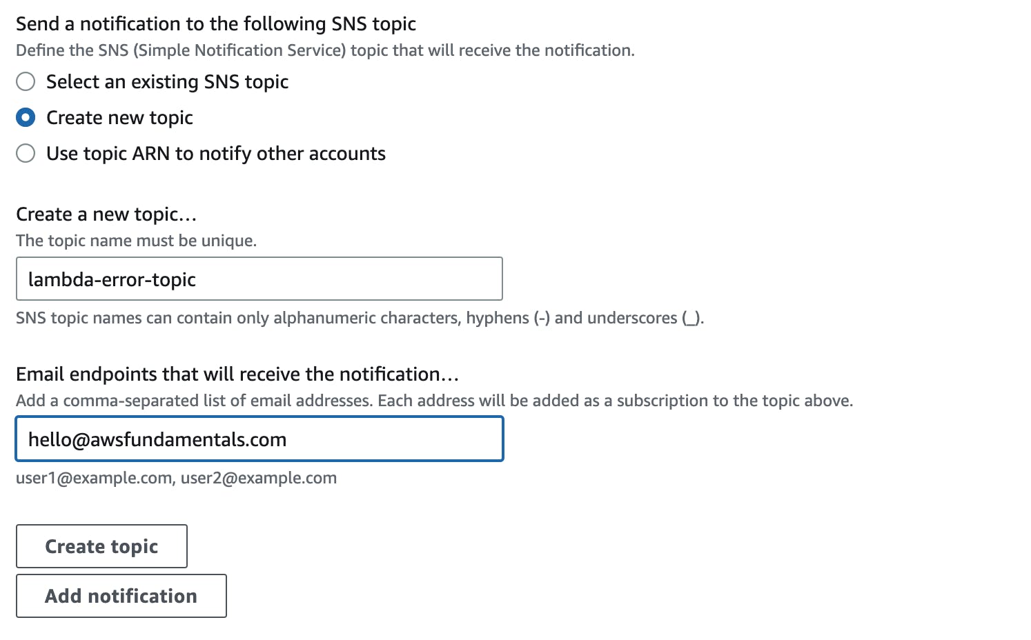 Create a new SNS topic in CloudWatch Alarm and send email to us
