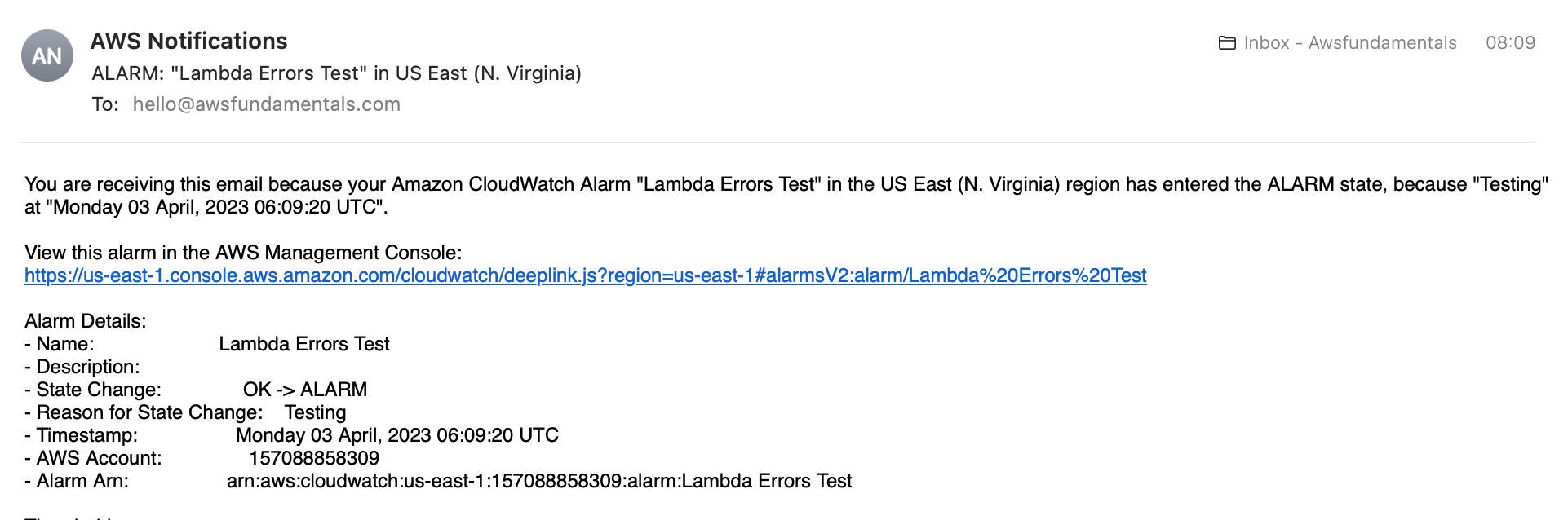 CloudWatch Alert Example Email