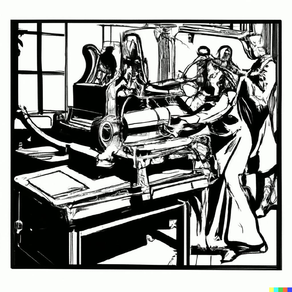 A black and white drawing of people working on a machine. Image generated using DALL-E.