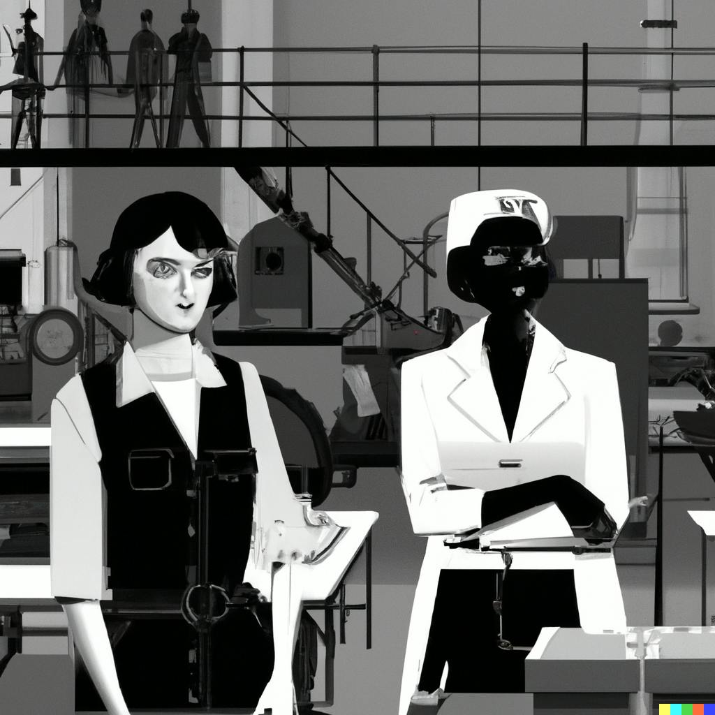A black and white photo of two people in a factory. Image generated using DALL-E.
