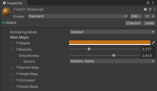 Screenshot of the inspector tab in Unity showing the color and upped smoothness.