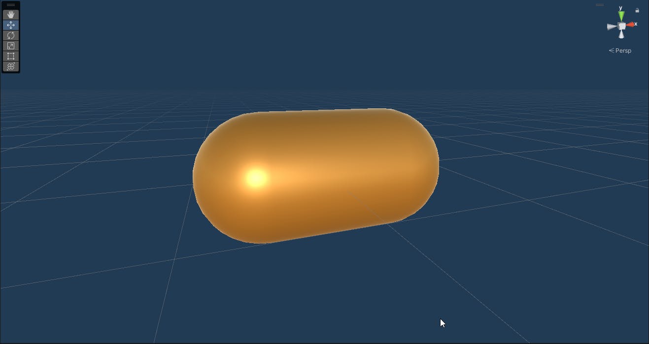 Screenshot of the unity game tab, where the material is applied to the fish gameobject, now turned orange.
