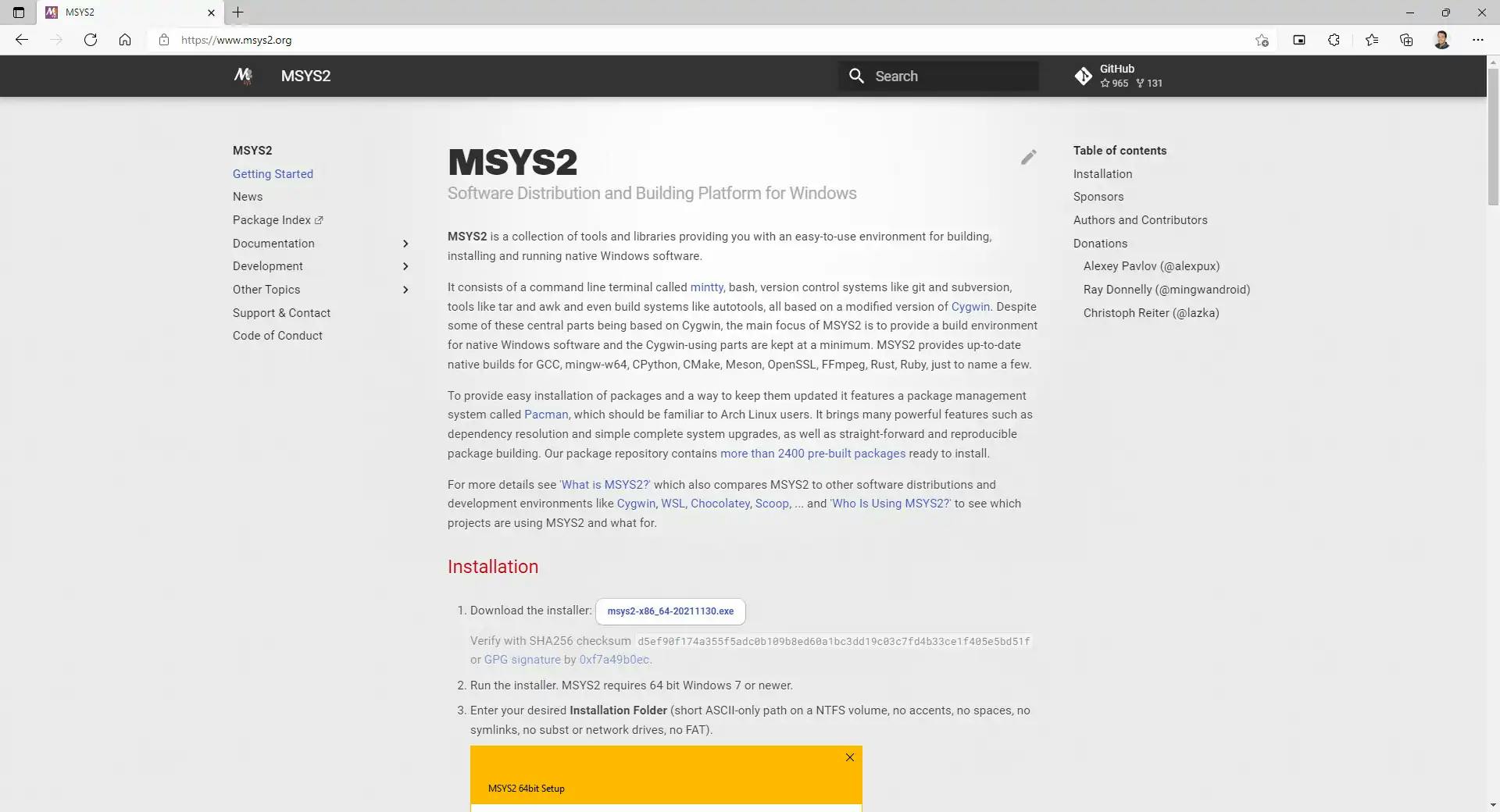 Site oficial do MSYS2.