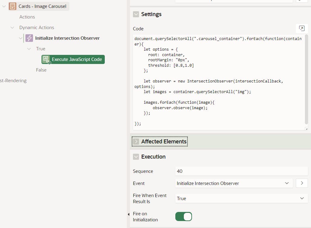 Screenshot showing the DA action added to the Card Region in the Oracle APEX Builder that will execute JavaScript code