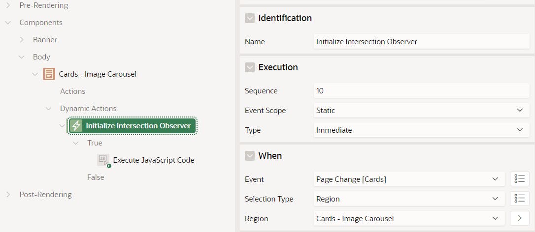 Screenshot showing the Dynamic Action added to the Card Region in the Oracle APEX Builder that will listen for the Page Change event