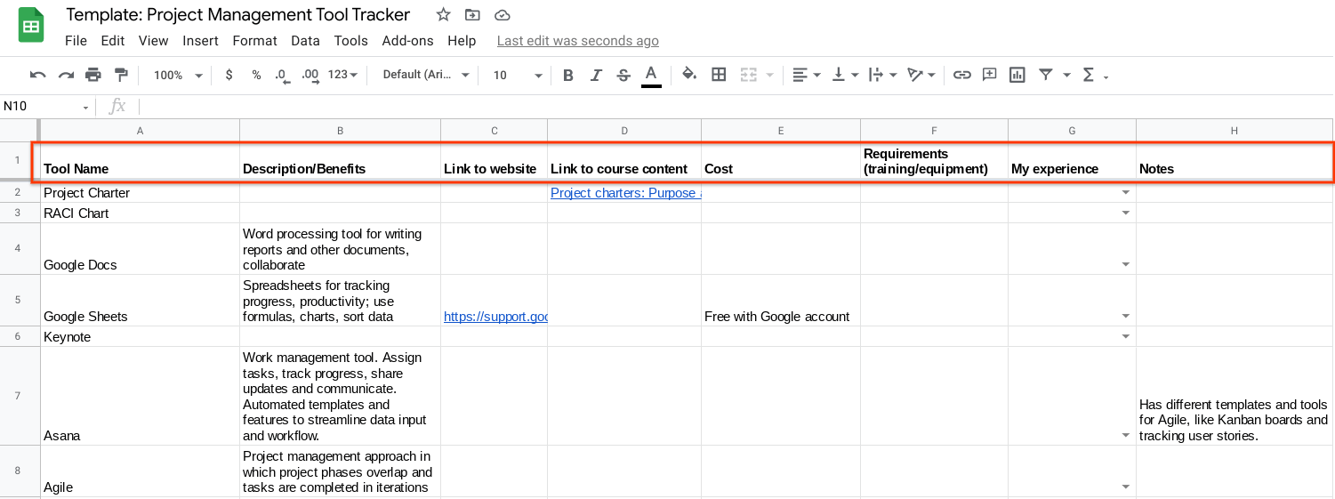 An image of a tool tracker spreadsheet example with the header row highlighted