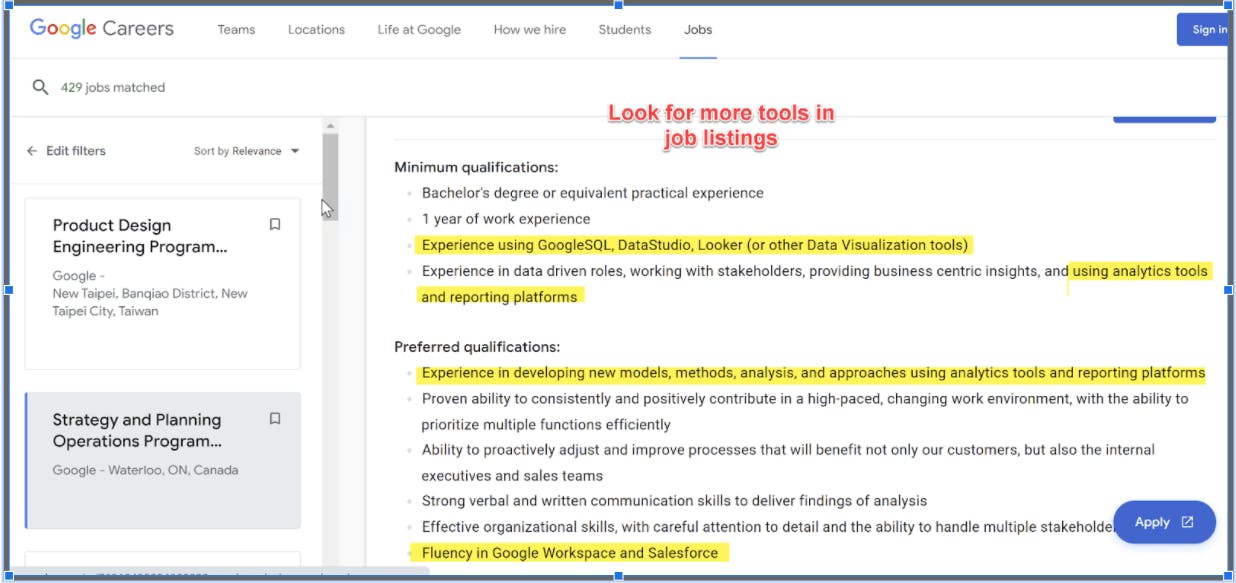 A job listing with tools in the qualifications' section highlighted