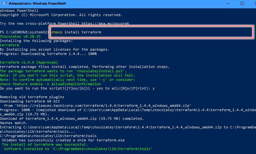 Run choco command to install terraform