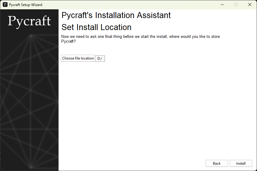 Pycraft's 3rd install screen, you can choose the install path for Pycraft here