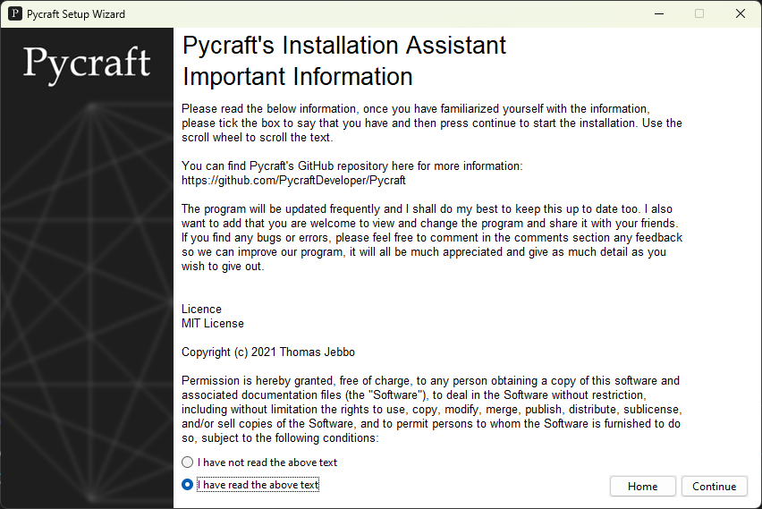 Pycraft's secondary install screen