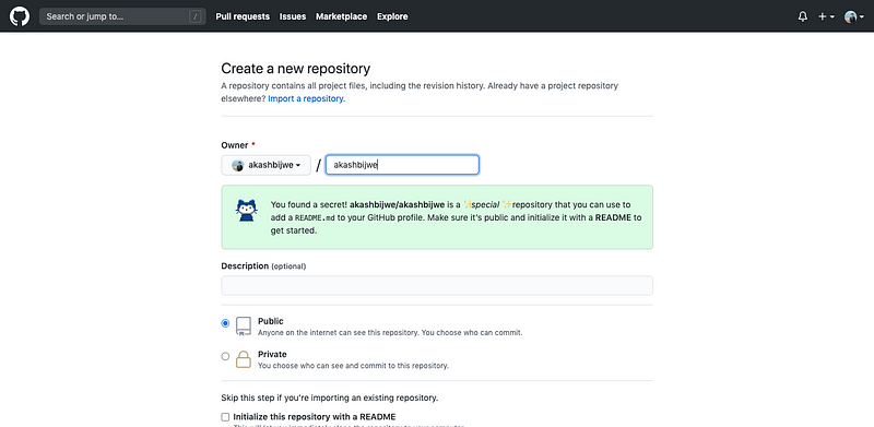 create a new repository in Github | sample screenshot of akashbijwe public repository.