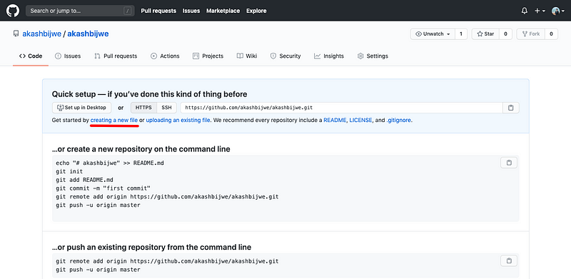 github new repository page.