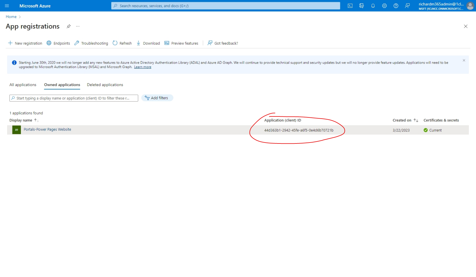 Azure app registrations list, with the Application (client) ID circled.
