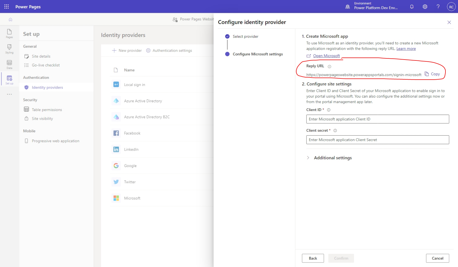 Configure Microsoft settings step of Configure identity provider flyout menu, with Reply URL circled.