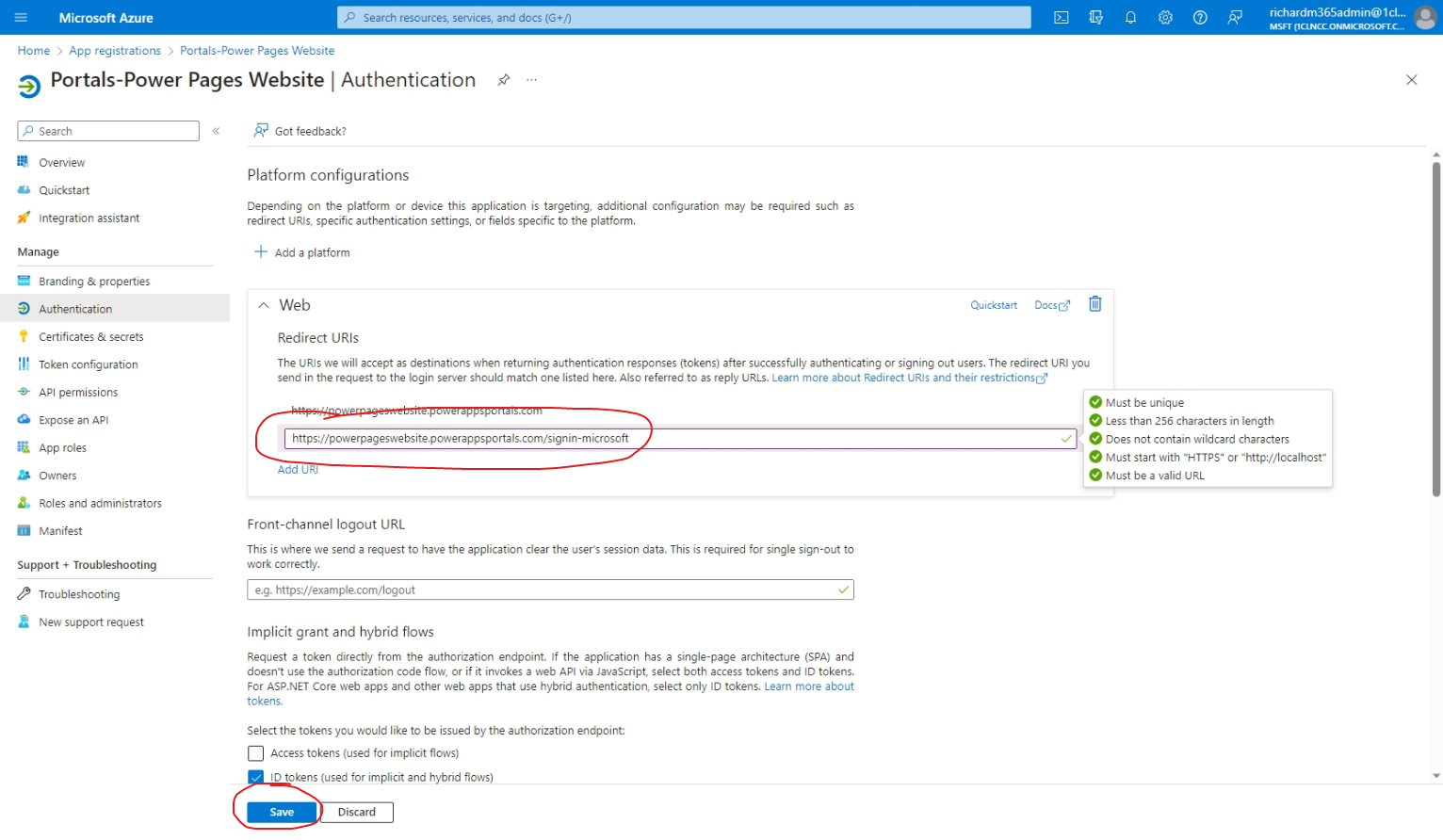 Azure app registration authentication screen, with Redirect URI and Save button circled.
