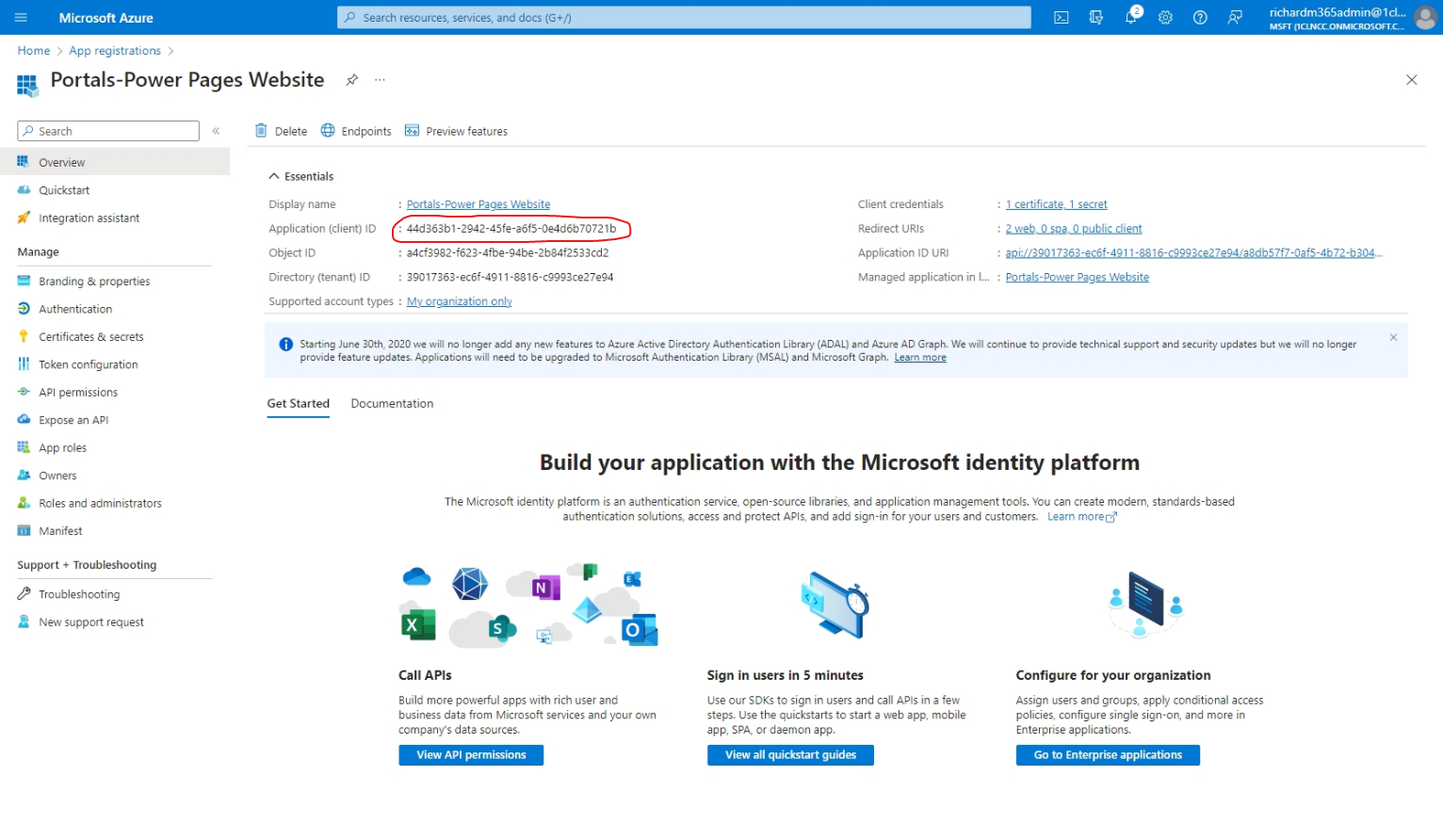 Azure app registration Overview screen with Applicant (client) ID circled.