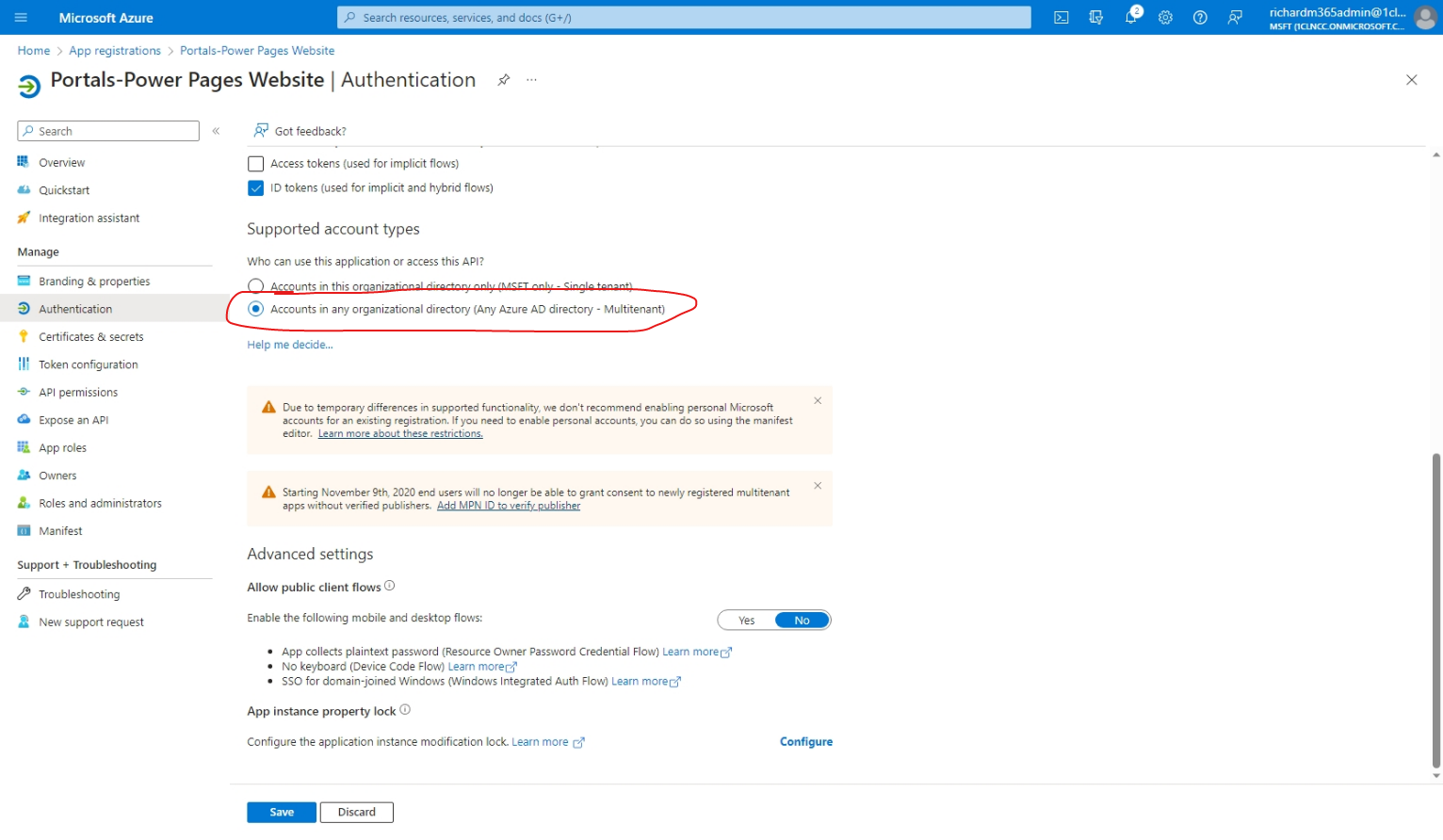 Azure app registration Authentication screen with "Accounts in any organizational directory (Any Azure AD directory - Multitenant)" circled.