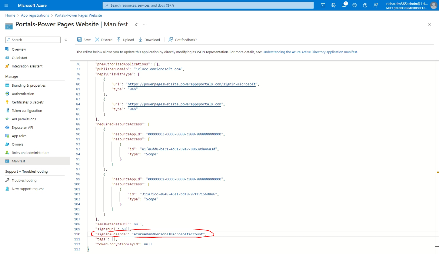 Azure app registration manifest with signInAudience circled.