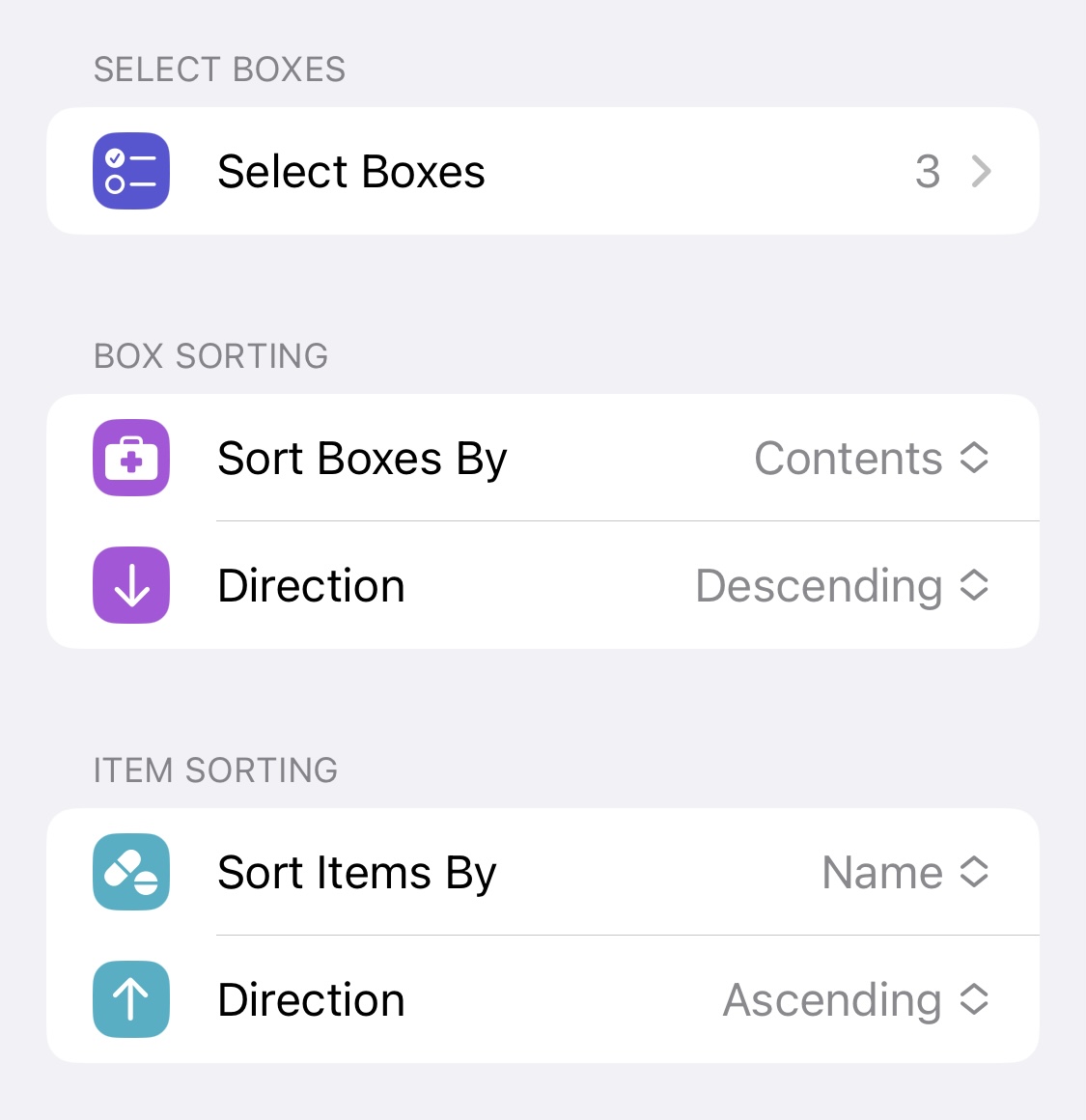 Screenshot of Ampoule app showing the PDF Export screen, with options to select boxes and sort boxes and items independently.