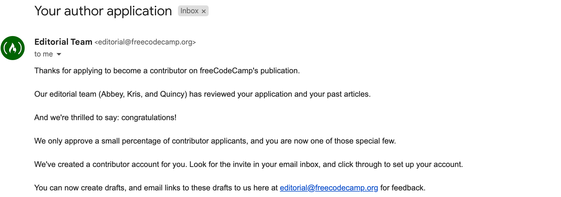 Application acceptance email from FreeCodeCamp's editoral team that