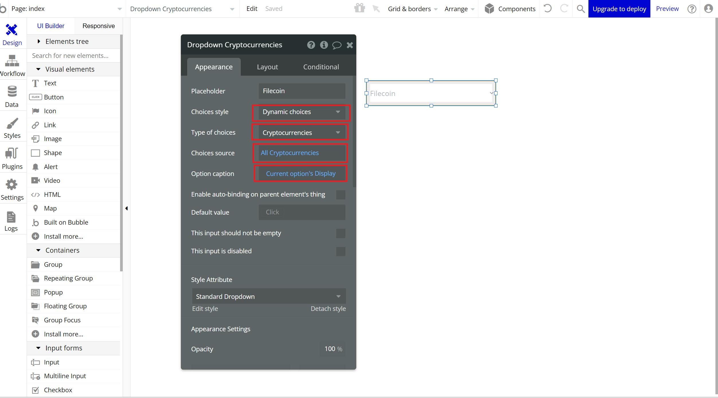 Defining the settings related to our cryptocurrency dropdown where we retrieve data from the option set