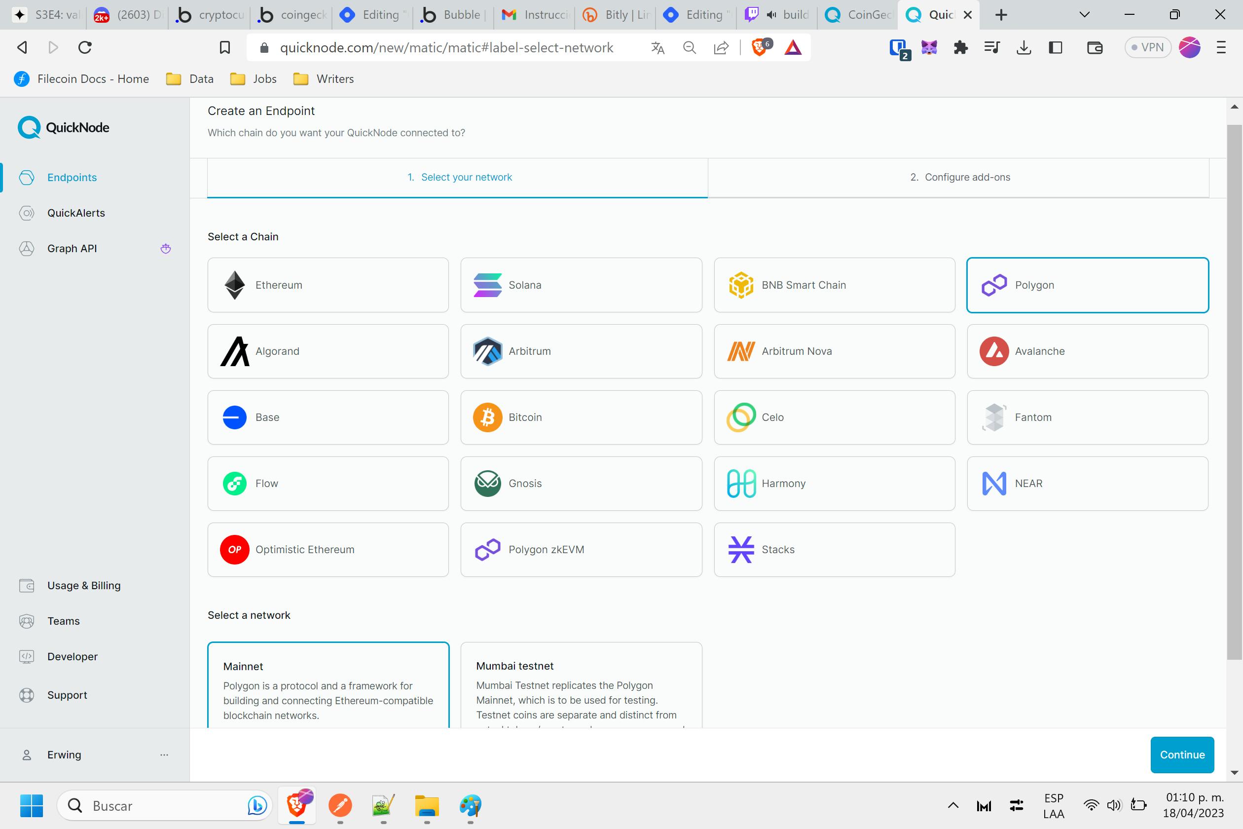 Screenshot of the QuickNode platform for creating your endpoint