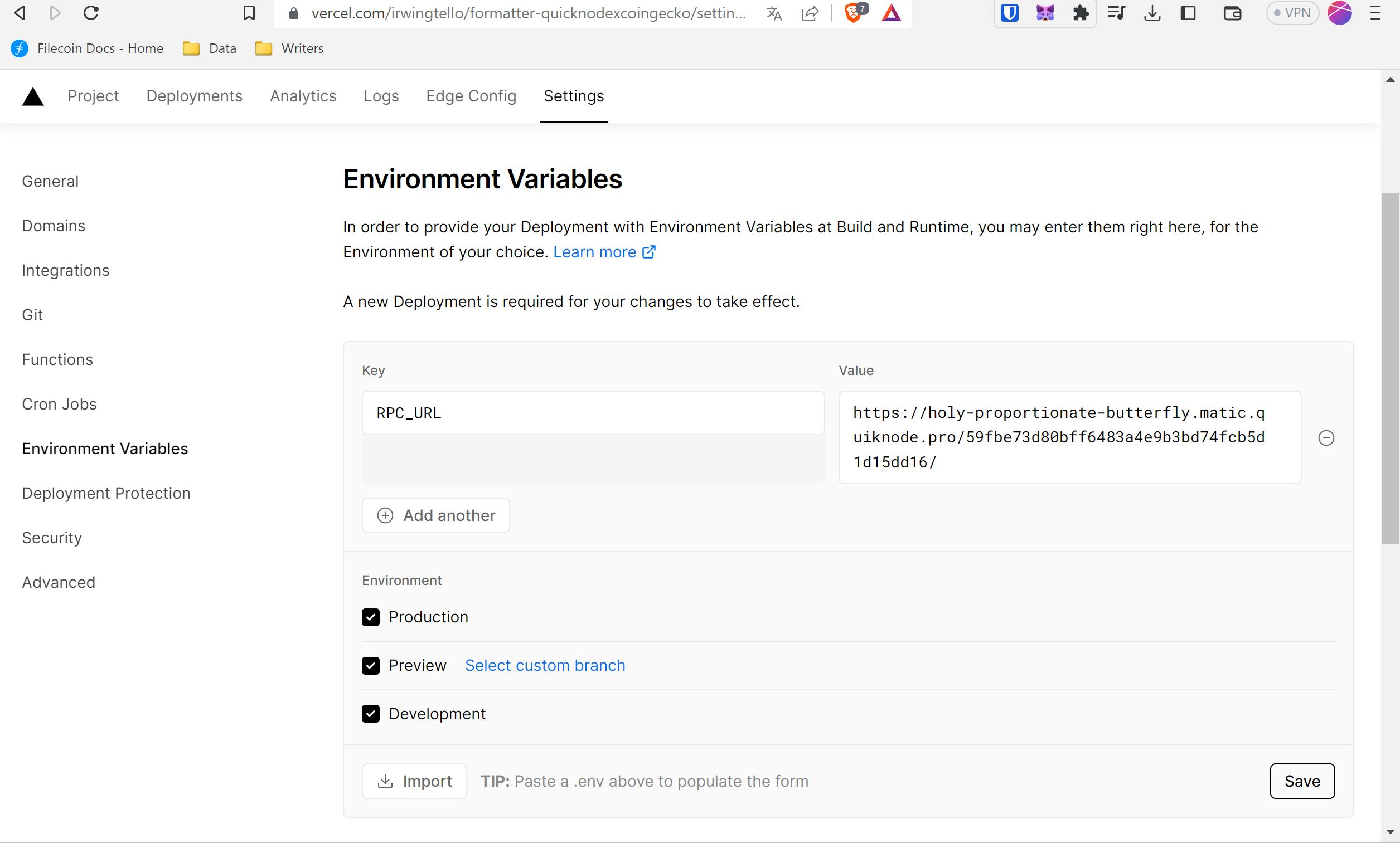 Vercel Environment variables