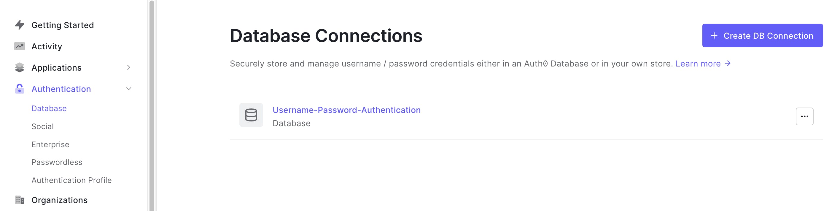 Screenshot of the Database Connections page on Auth0
