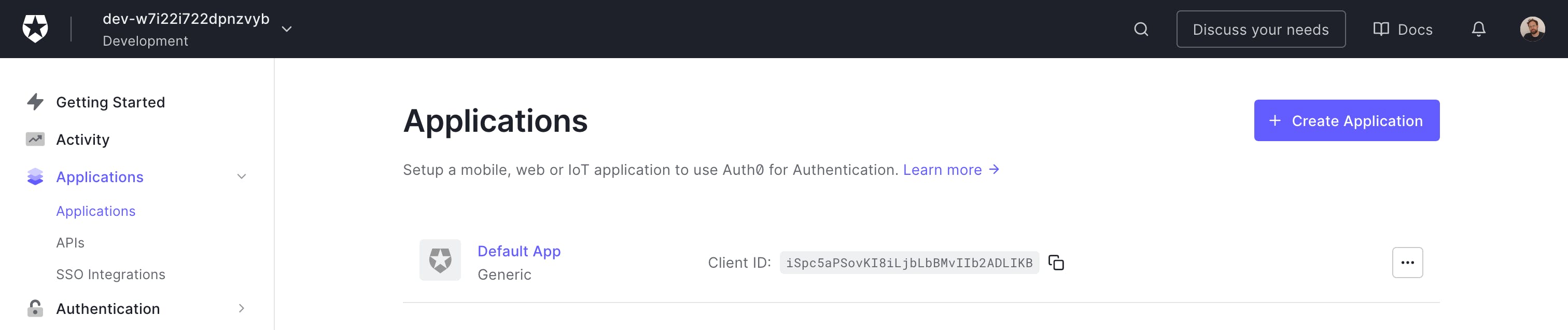 Screenshot of the Applications page on Auth0