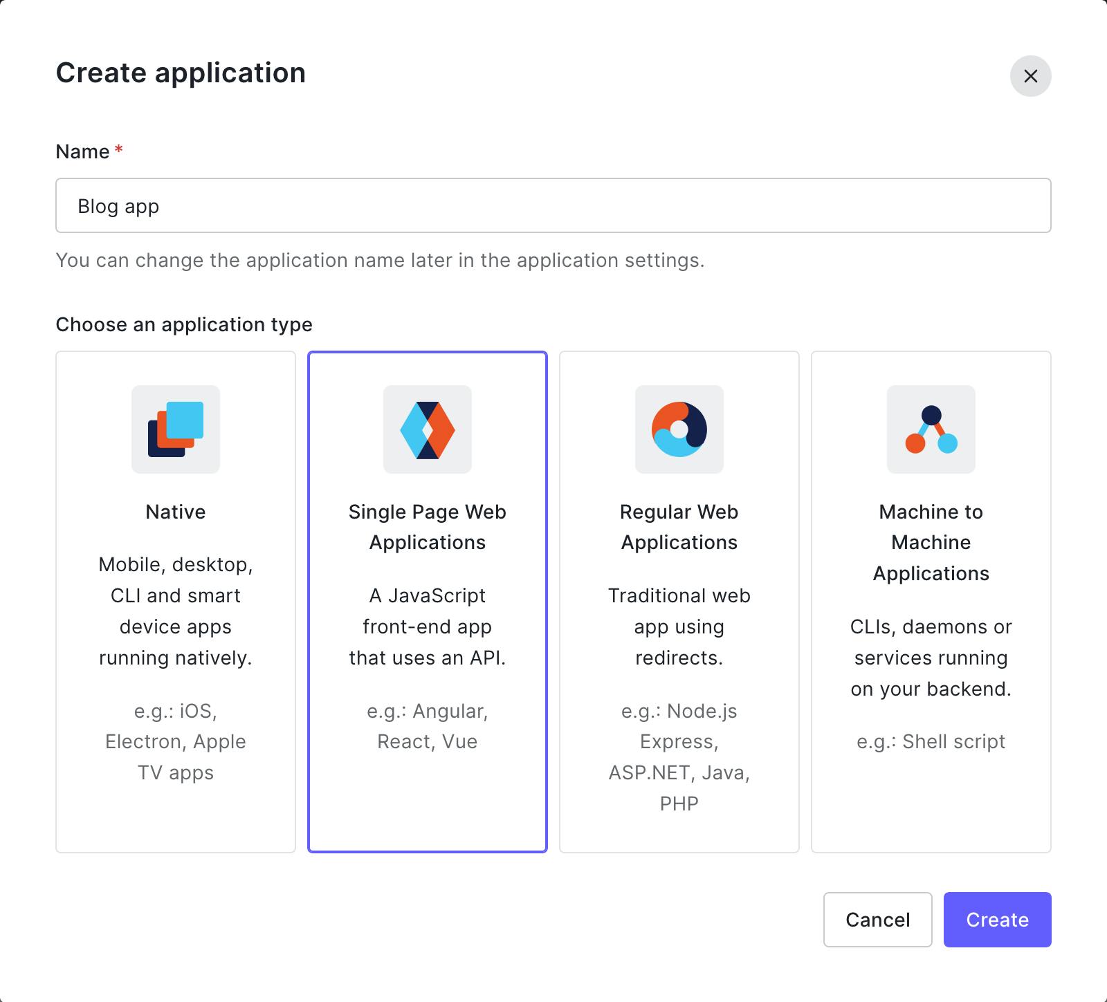 Screenshot of the Create Application form on Auth0