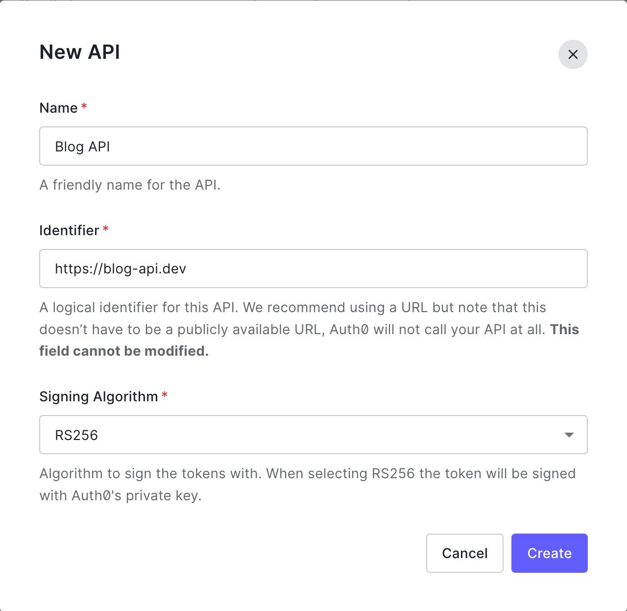 Screenshot of the New API form on Auth0