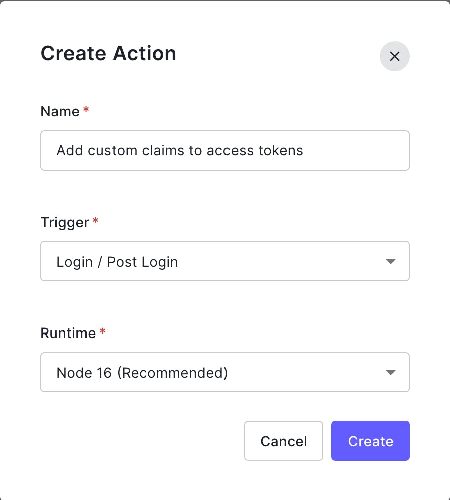 Screenshot of the Create Action form on Auth0