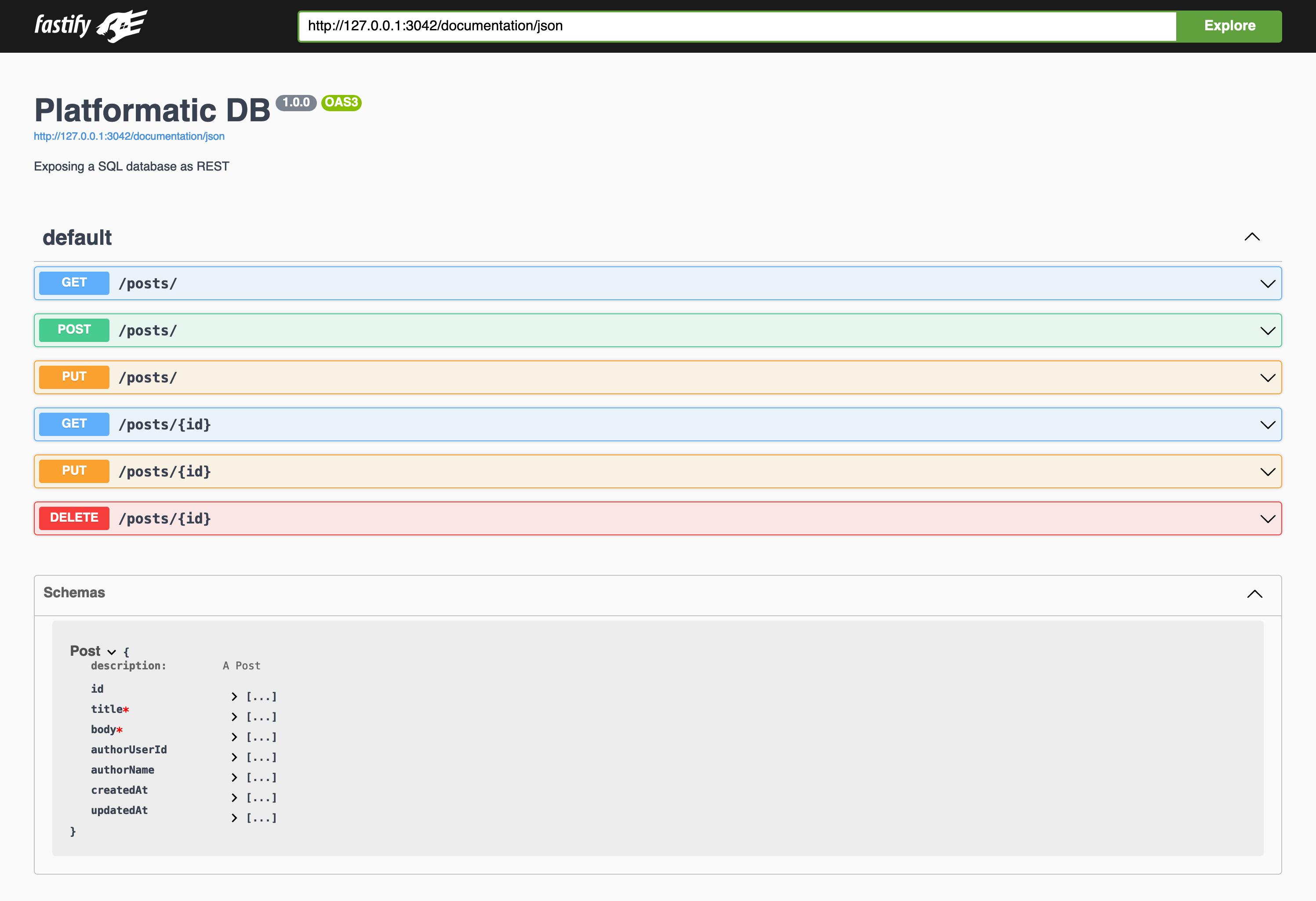 Screenshot of the Swagger UI page for a Platformatic DB app