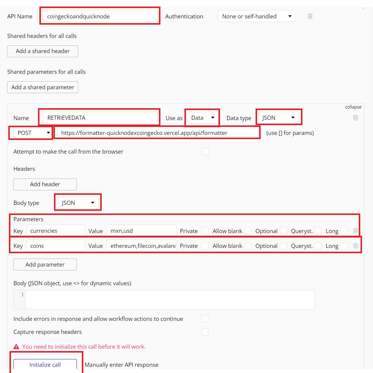 Plugin section in Bubble.io, here we are replaced the attributes to retrieve the information about our price feed.