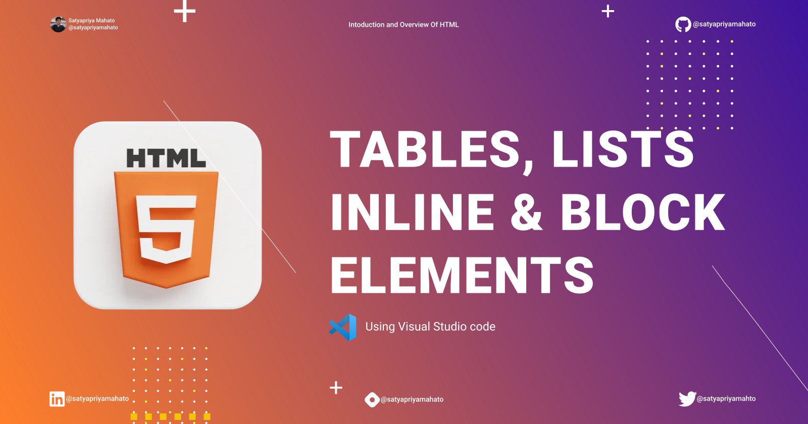 Tables, Lists, Inline elements, Block elements