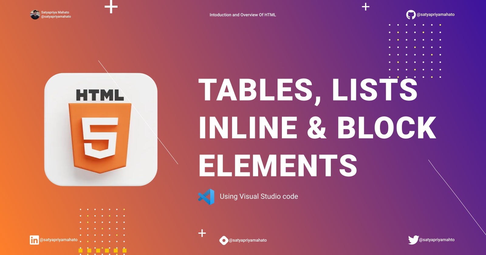 Tables, Lists, Inline elements, Block elements