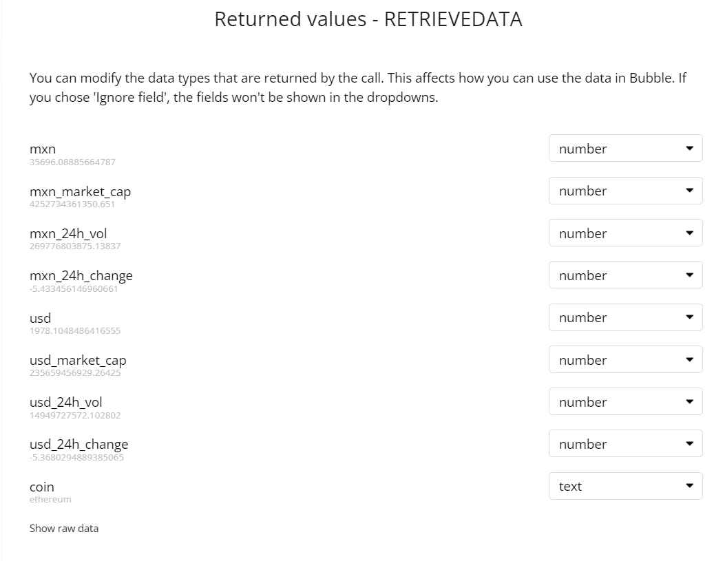 Plugin section in Bubble.io, here we retrieved the data from our price feed.