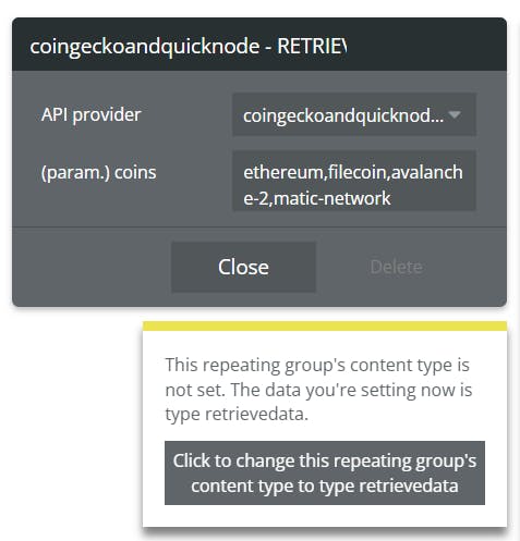 Design section in Bubble.io, here we are changing the content type of the repeating group to retrievedata