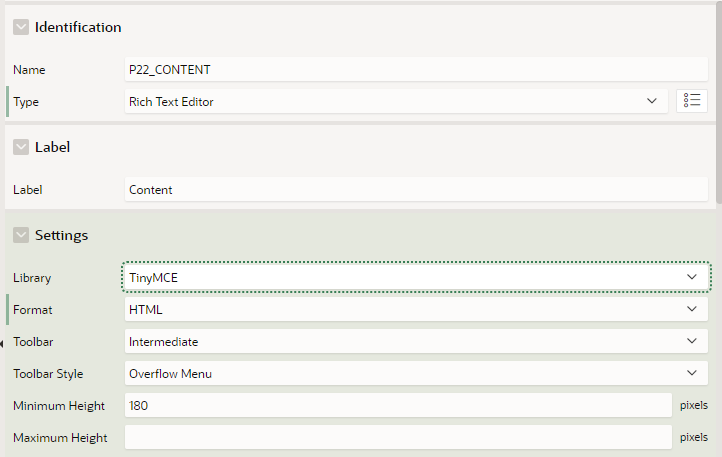 Screenshot showing how to choose TInyMCE as a rich text editor in Oracle APEX 23.1