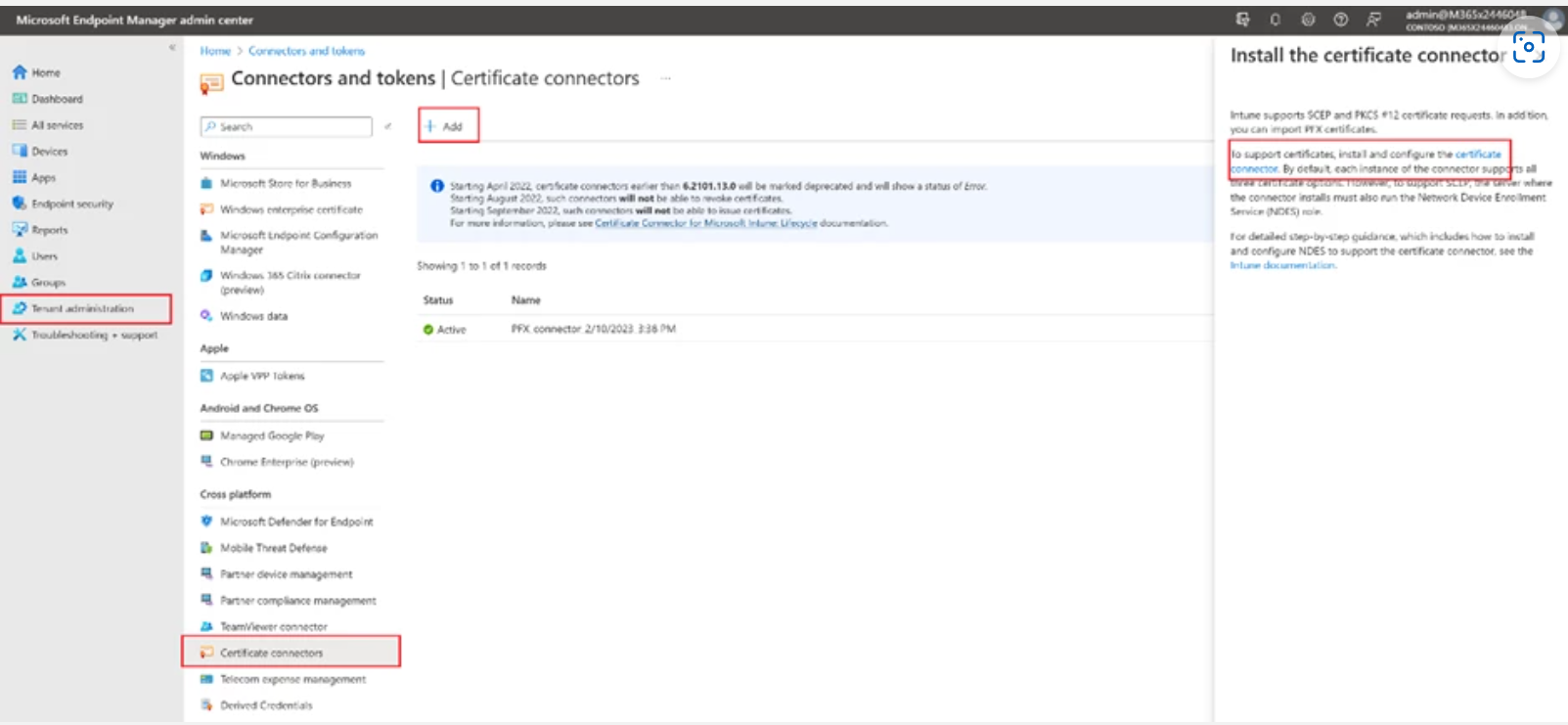 azure page for downloading IntuneCertificateConnector