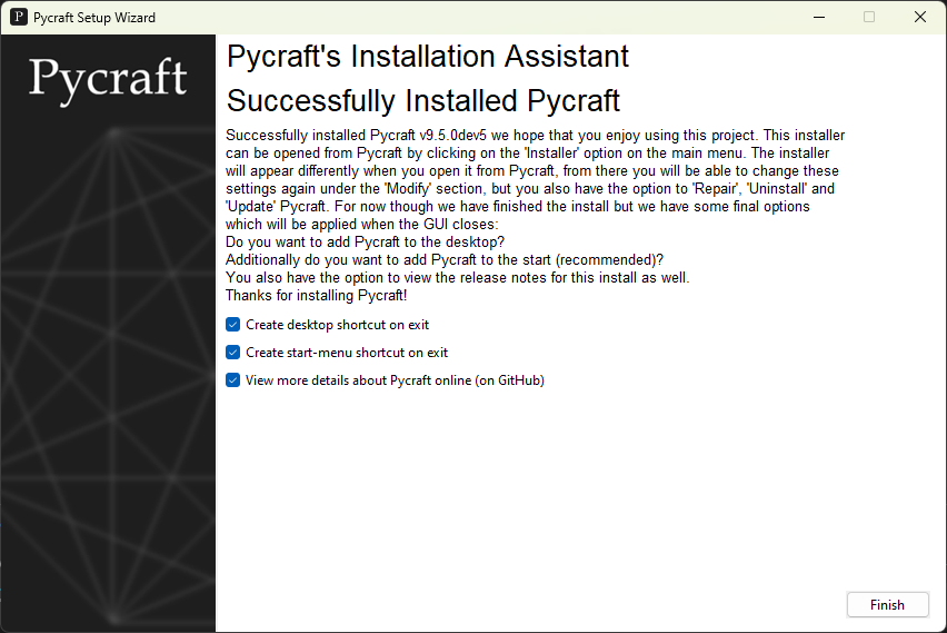 The last page of Pycraft's update component is shared with the installer