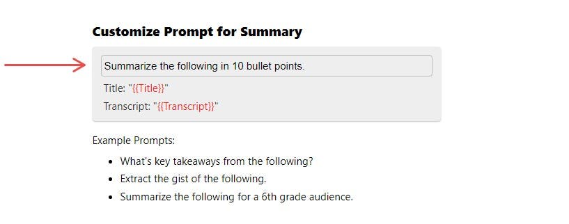 Customize the prompt for the summary