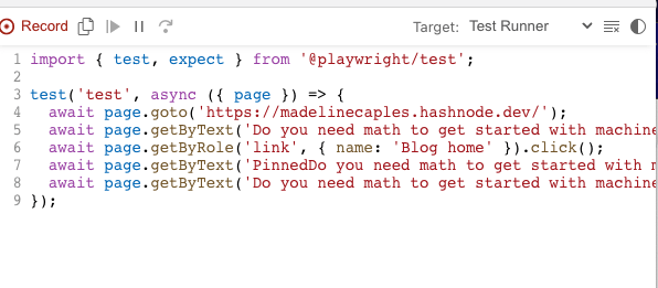 A screenshot of code generated by Playwright codegen 