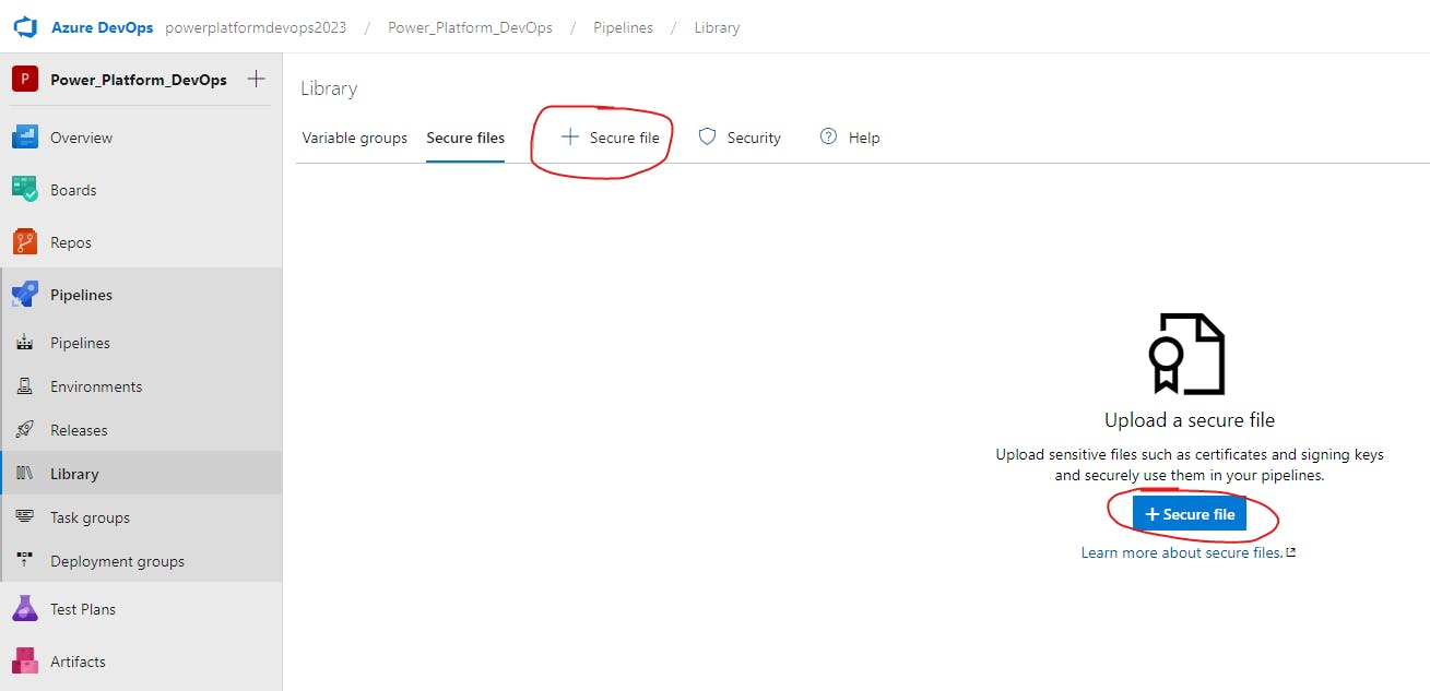 Azure DevOps pipelines library with "+ Secure file" circled in two places.